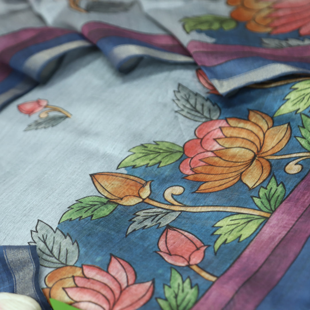 Yashfa Bluish Grey Floral Print Maheswari Chanderi Set