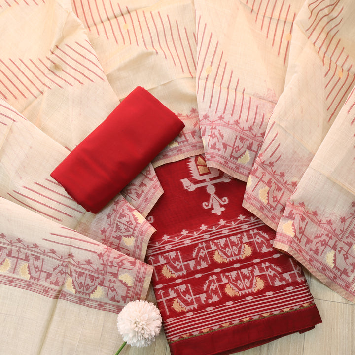 Surya Bride Red Authentic Jamdani Weaved Detailing Suit Set