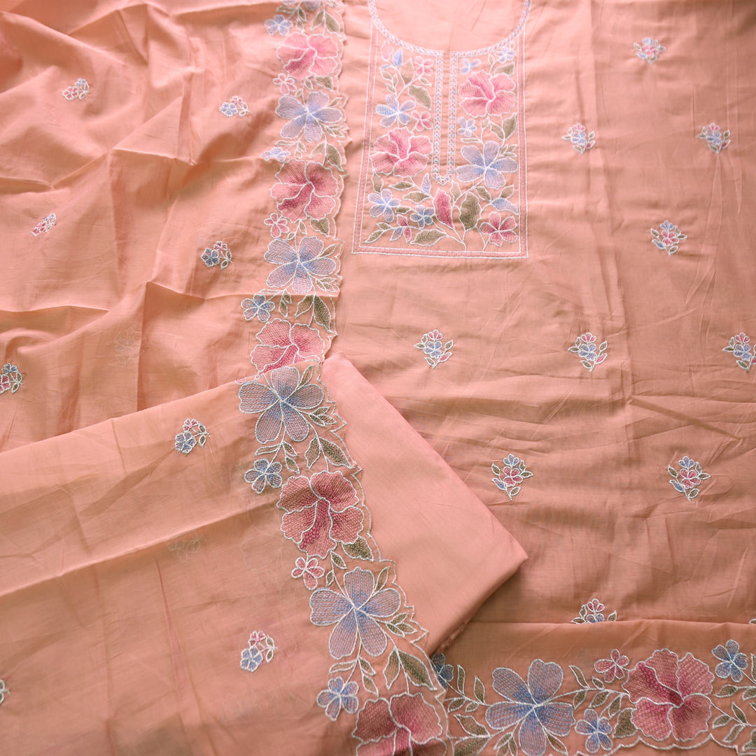 Sakhi Pumpkin Peach Zari with Thread Embroidered Chanderi Suit Set