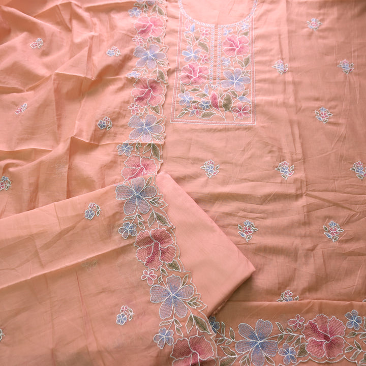 Sakhi Pumpkin Peach Zari with Thread Embroidered Chanderi Suit Set