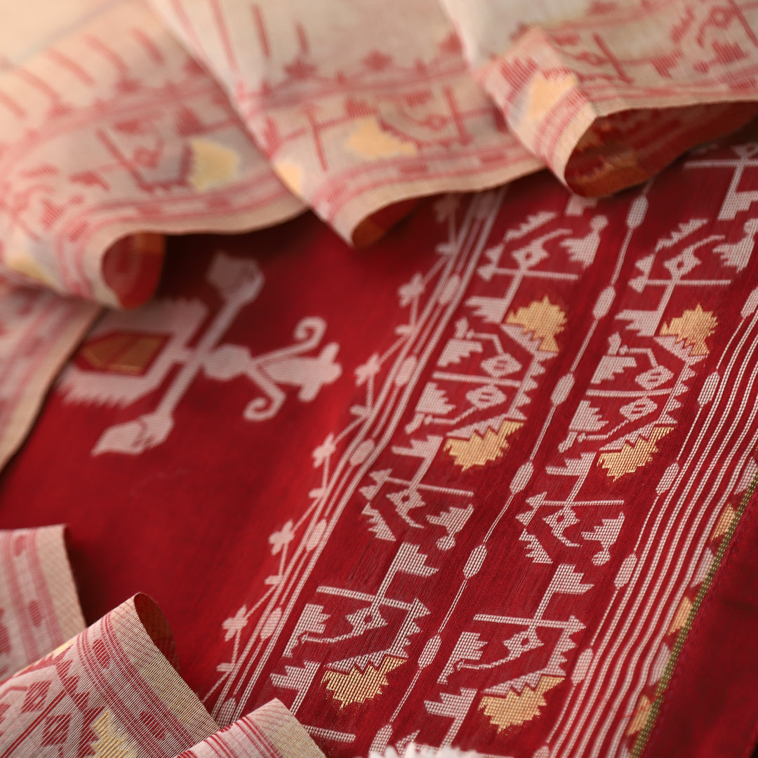 Surya Bride Red Authentic Jamdani Weaved Detailing Suit Set