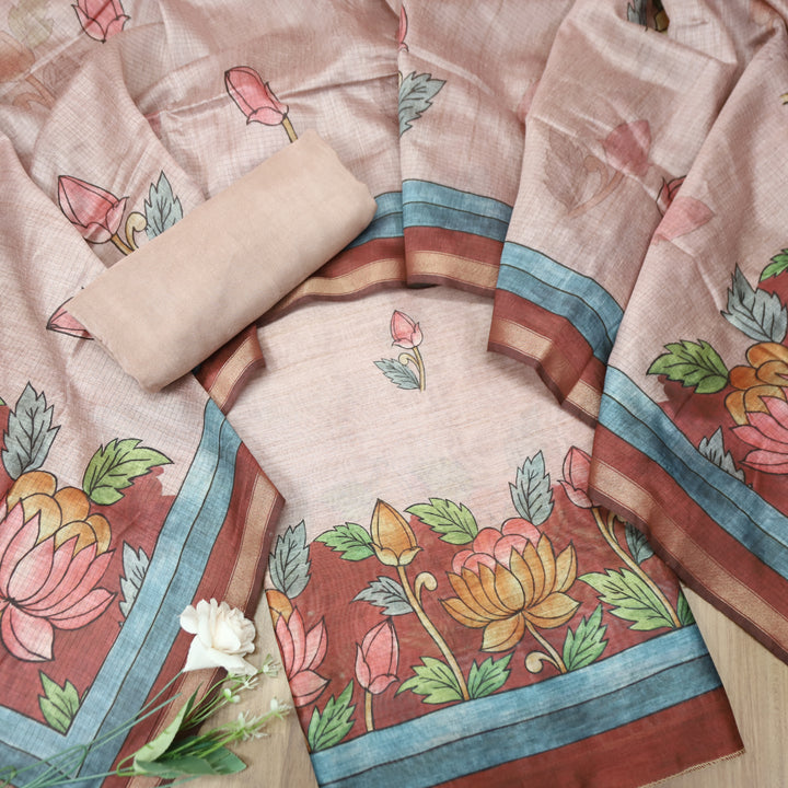 Yashfa Helio Mauve Floral Print Maheswari Chanderi Set