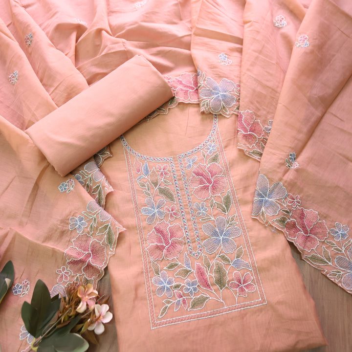 Sakhi Pumpkin Peach Zari with Thread Embroidered Chanderi Suit Set