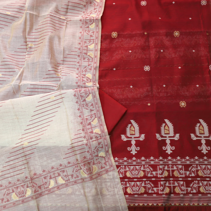 Surya Bride Red Authentic Jamdani Weaved Detailing Suit Set