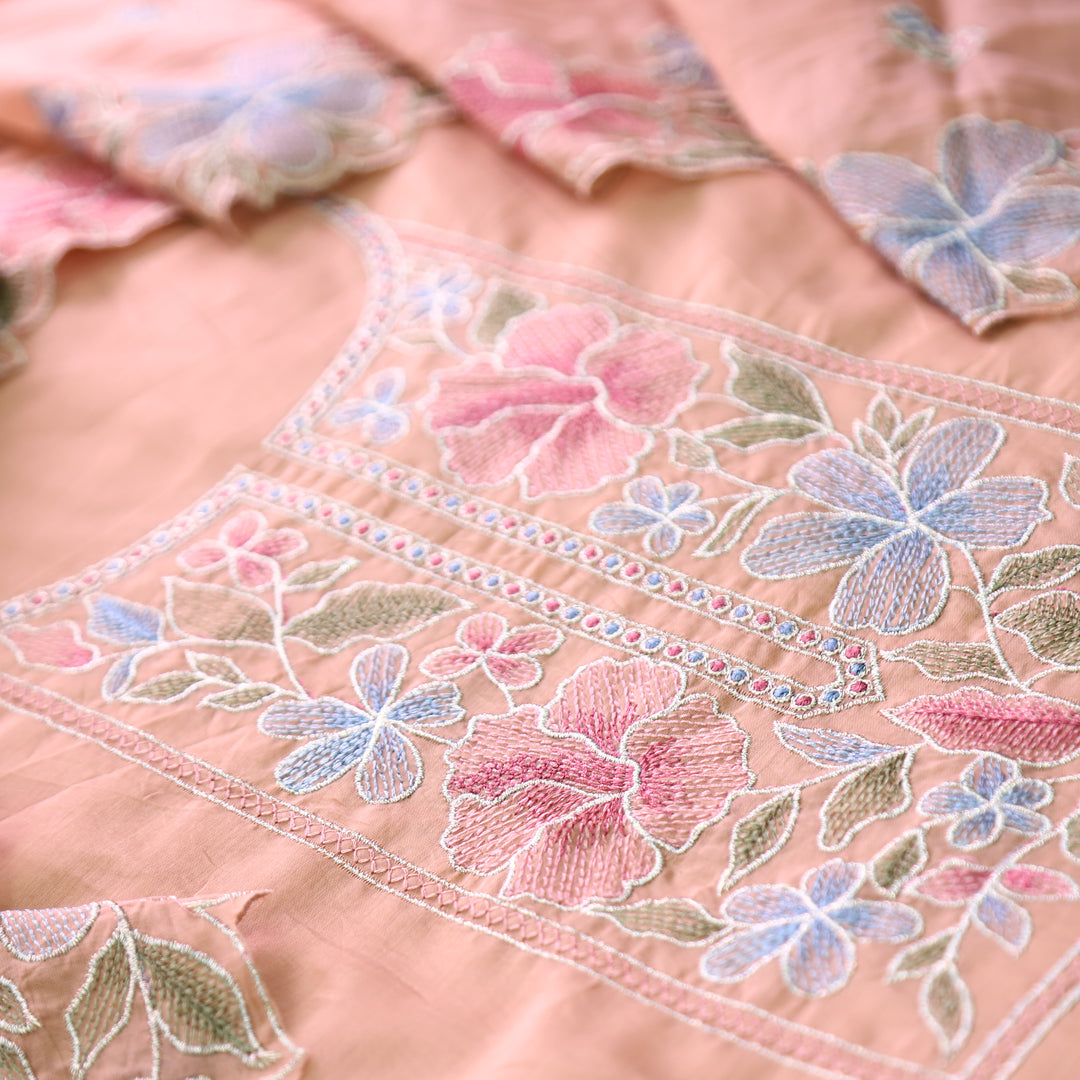 Sakhi Pumpkin Peach Zari with Thread Embroidered Chanderi Suit Set