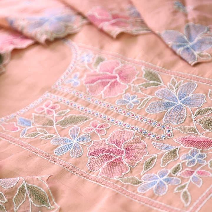Sakhi Pumpkin Peach Zari with Thread Embroidered Chanderi Suit Set
