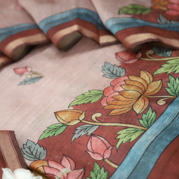 Yashfa Helio Mauve Floral Print Maheswari Chanderi Set