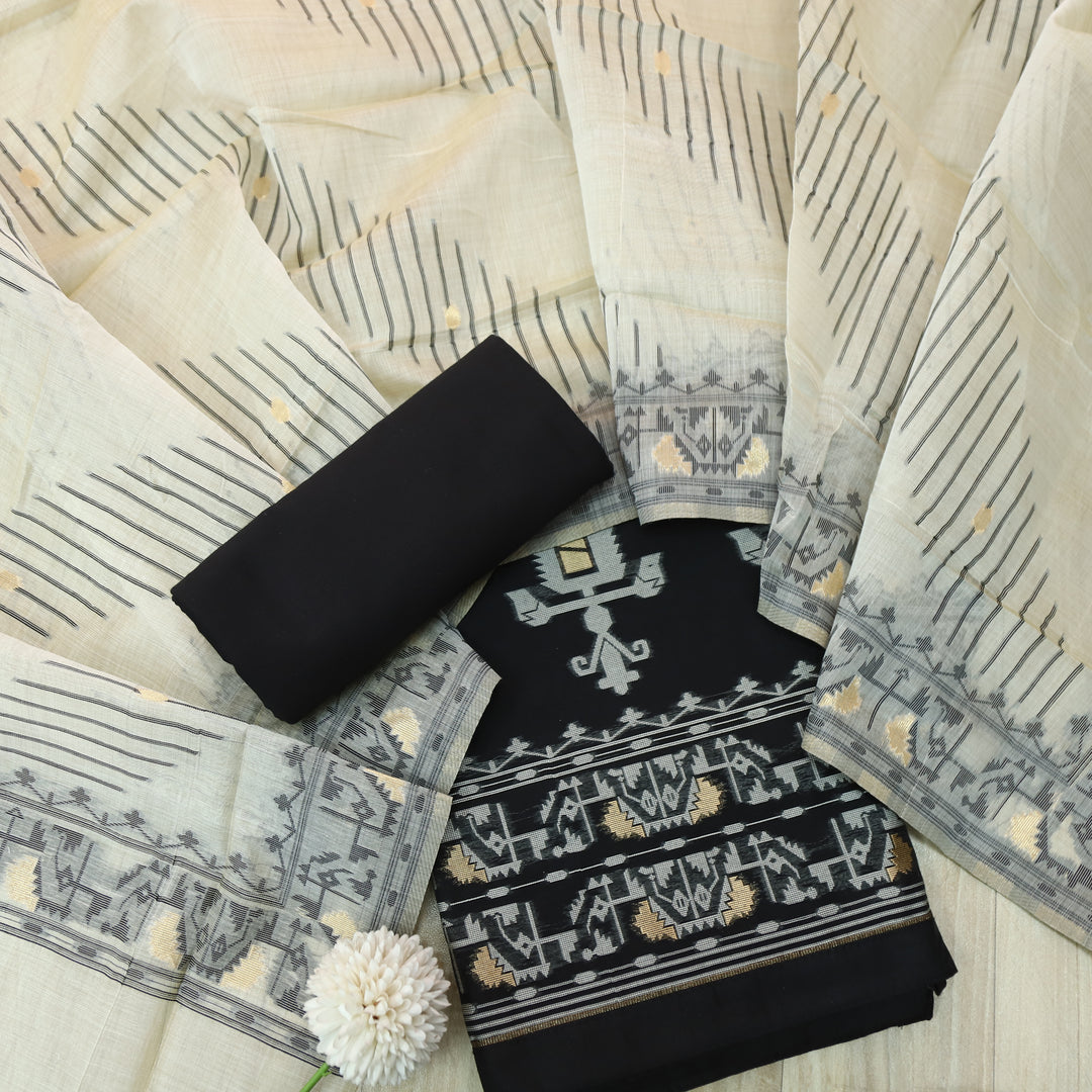 Surya Coal Black Authentic Jamdani Weaved Detailing Suit Set