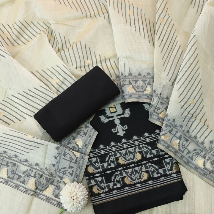 Surya Coal Black Authentic Jamdani Weaved Detailing Suit Set