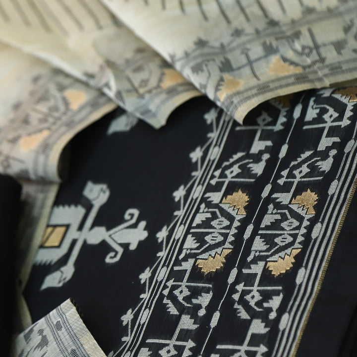 Surya Coal Black Authentic Jamdani Weaved Detailing Suit Set