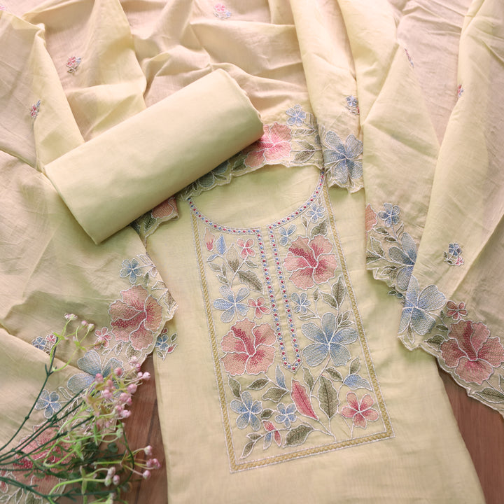 Sakhi Buttermilk Yellow Zari with Thread Embroidered Chanderi Suit Set