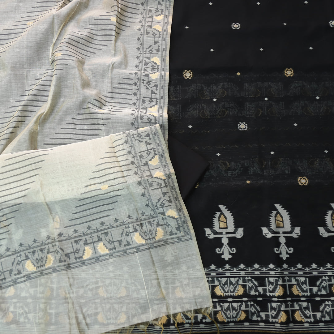 Surya Coal Black Authentic Jamdani Weaved Detailing Suit Set