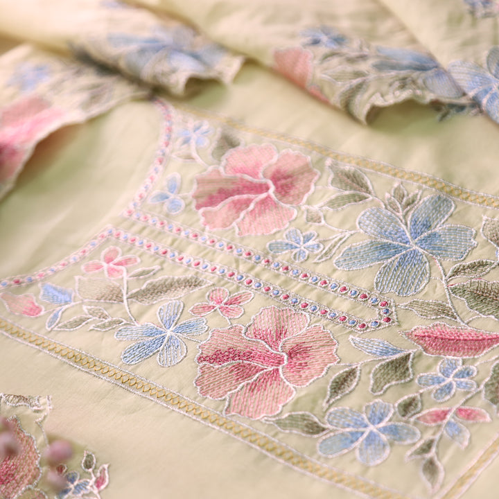 Sakhi Buttermilk Yellow Zari with Thread Embroidered Chanderi Suit Set