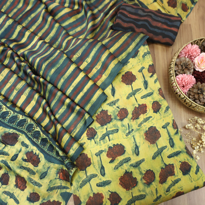 Ashwini Lemon Yellow Kalamkari Maheswari Modal Silk Set