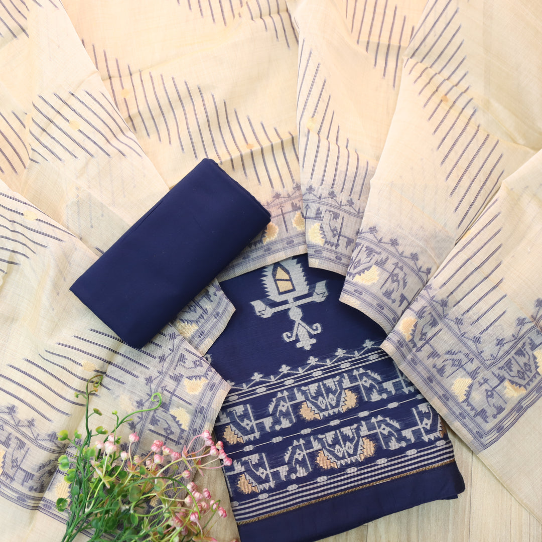 Surya Royal Blue Authentic Jamdani Weaved Detailing Suit Set