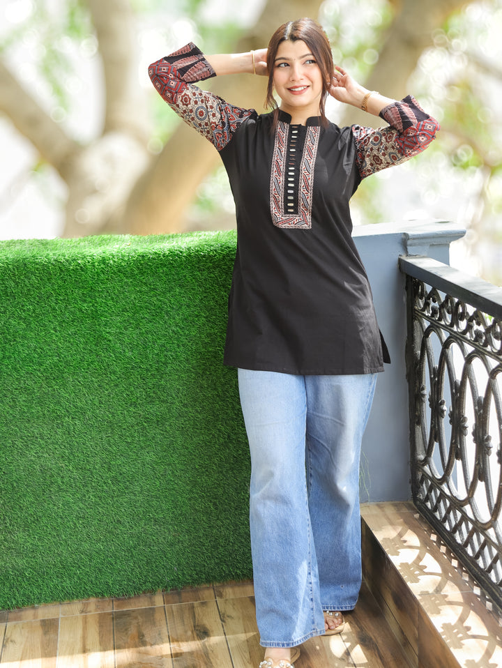 Belly Black Ajrakh Cotton Short Kurti