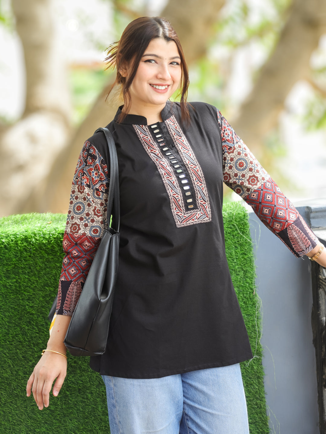 Belly Black Ajrakh Cotton Short Kurti