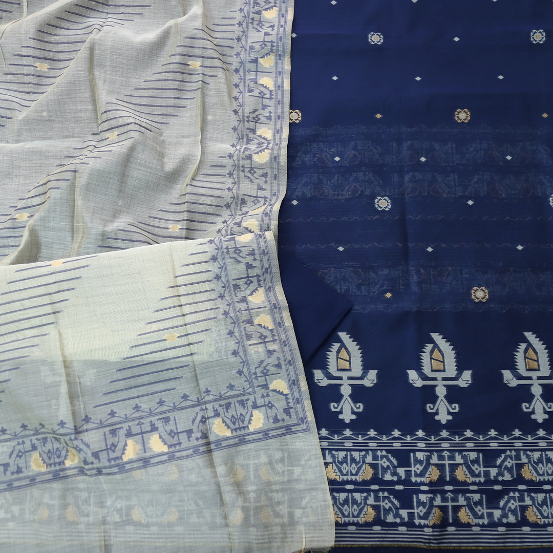 Surya Royal Blue Authentic Jamdani Weaved Detailing Suit Set