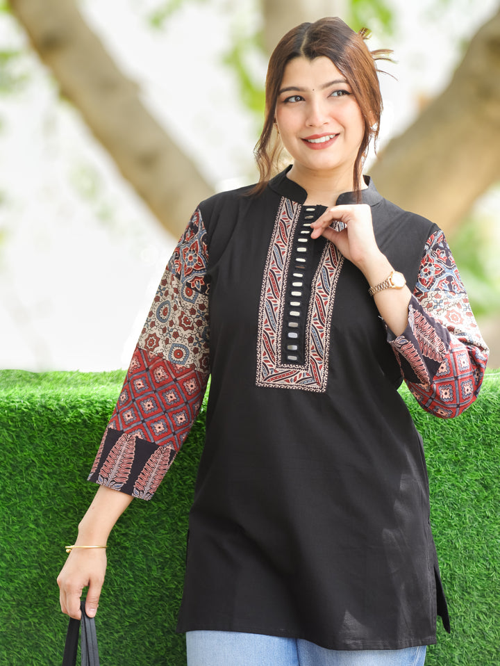 Belly Black Ajrakh Cotton Short Kurti