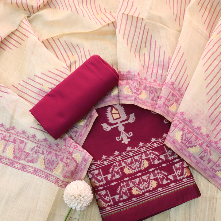 Surya Magenta Pink Authentic Jamdani Weaved Detailing Suit Set