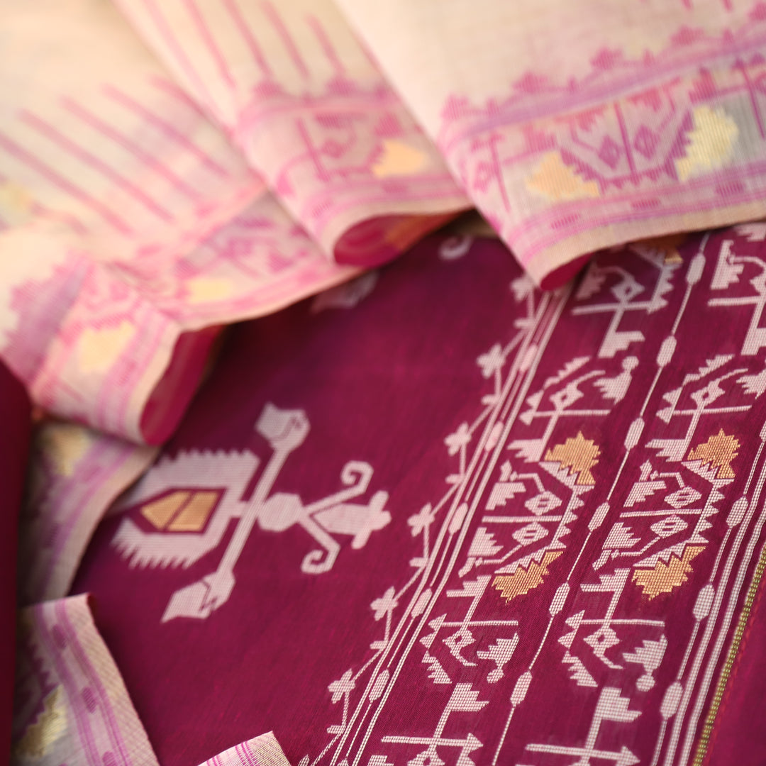Surya Magenta Pink Authentic Jamdani Weaved Detailing Suit Set