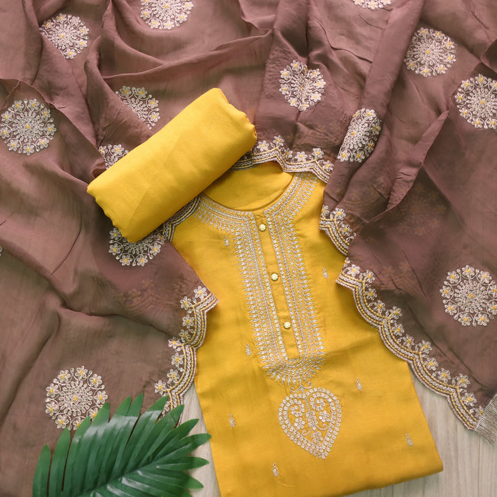 Kamli Dijon Yellow Zari Embellish Neck Work Russian Silk Suit Set