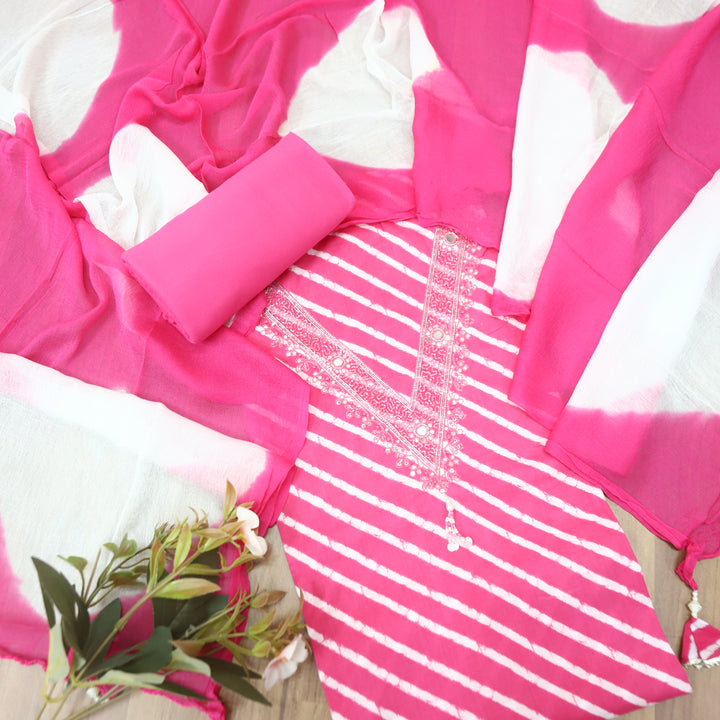 Sunheri Frosty Pink V Embellished Neck Leheriya Print Cotton Set