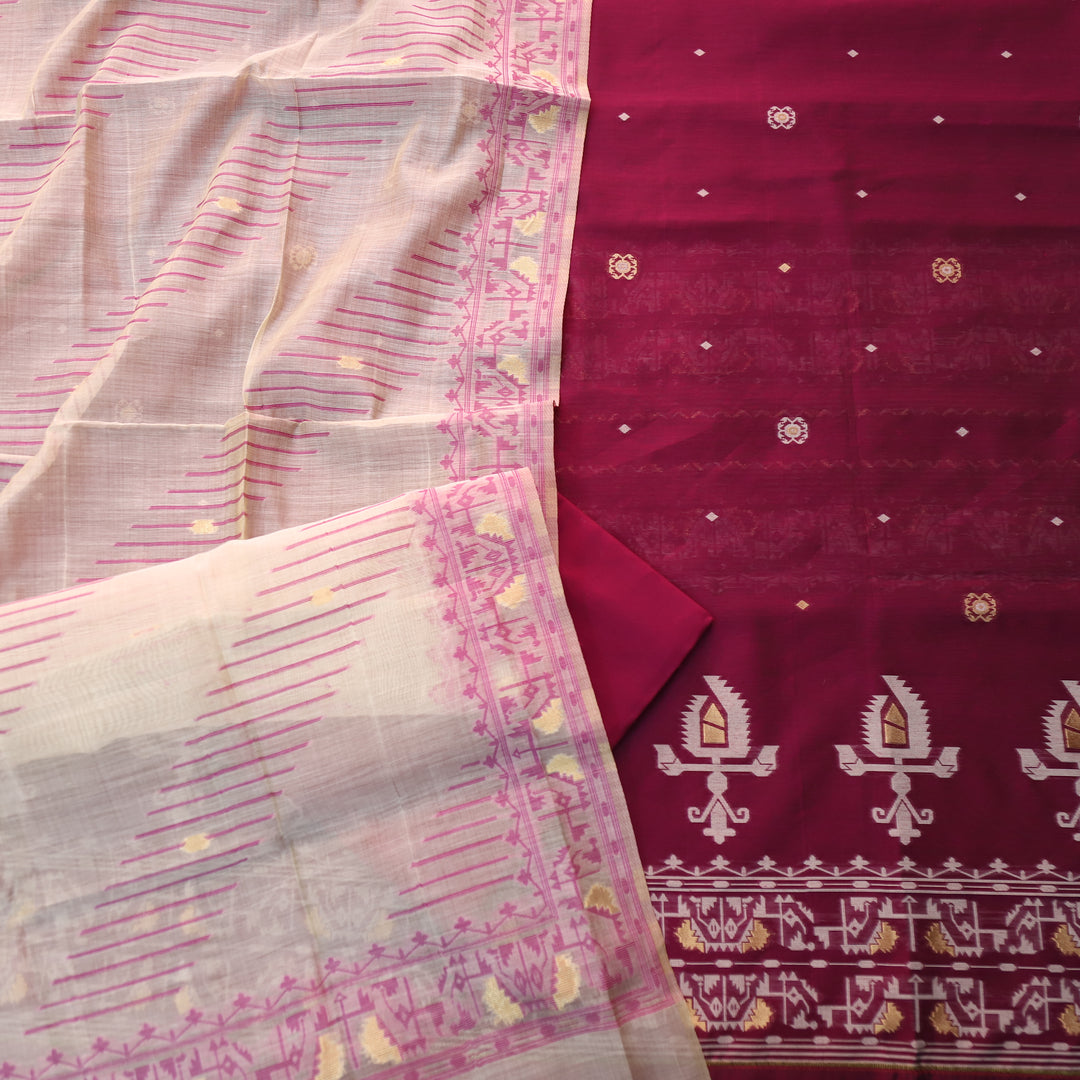 Surya Magenta Pink Authentic Jamdani Weaved Detailing Suit Set