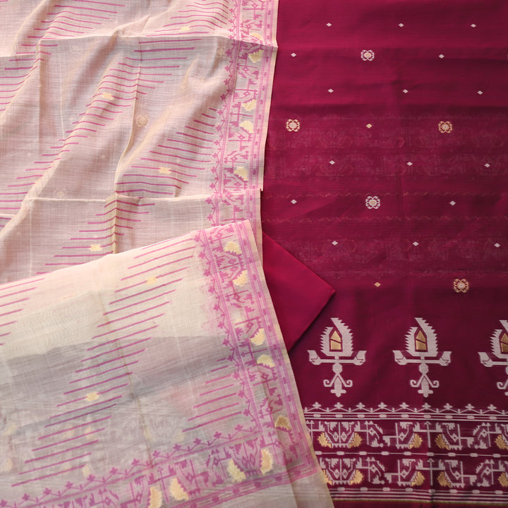 Surya Magenta Pink Authentic Jamdani Weaved Detailing Suit Set