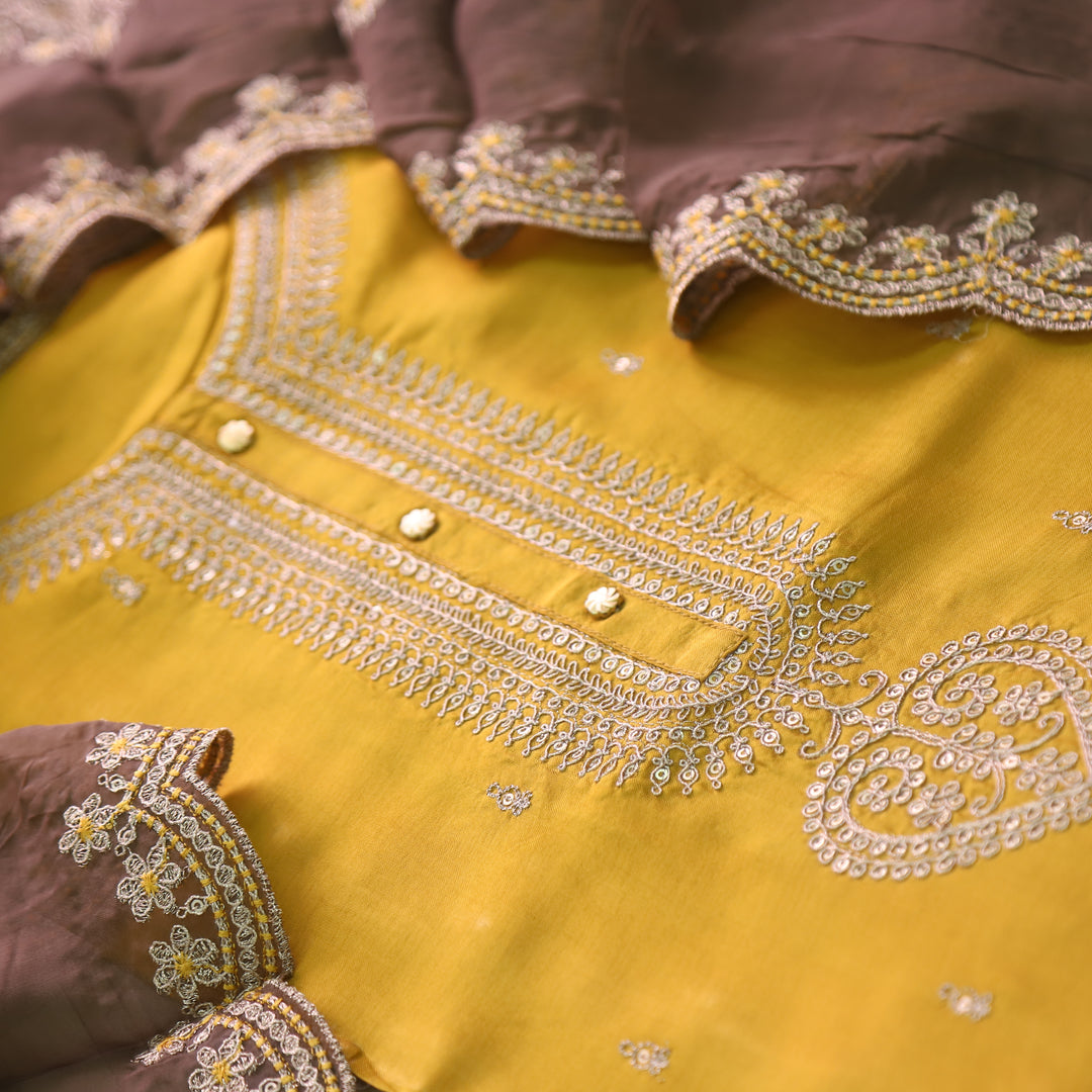 Kamli Dijon Yellow Zari Embellish Neck Work Russian Silk Suit Set