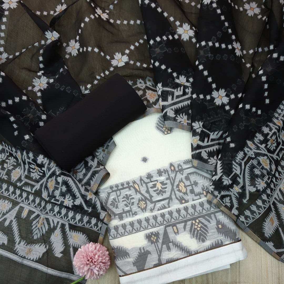 Surya White with Black Authentic Jamdani Weaved Detailing Suit Set