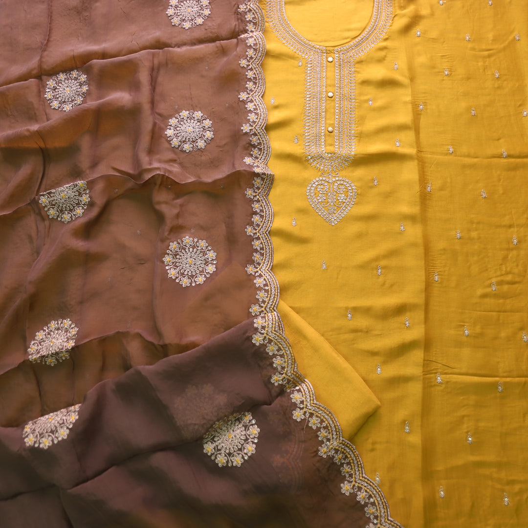 Kamli Dijon Yellow Zari Embellish Neck Work Russian Silk Suit Set