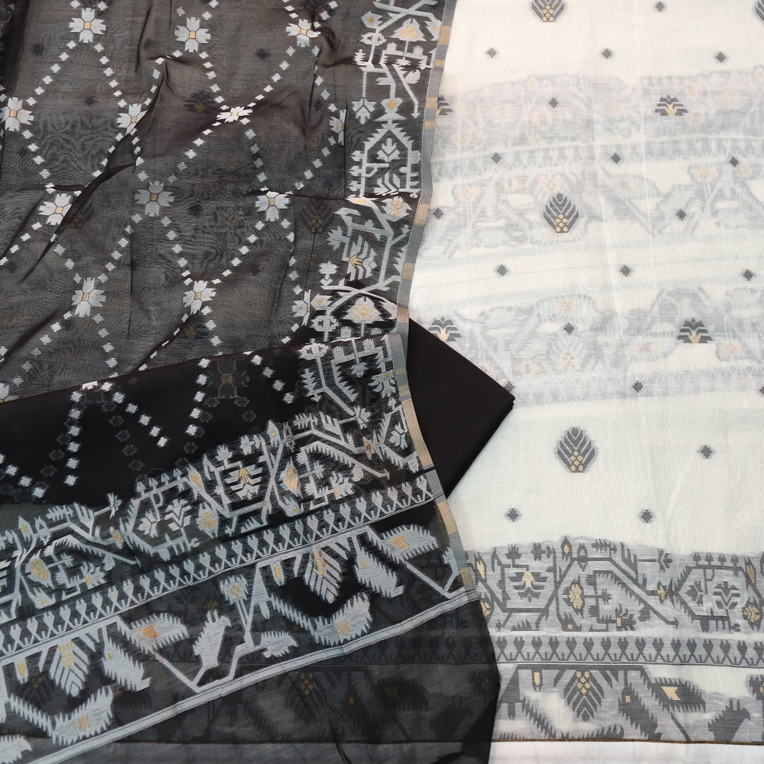 Surya White with Black Authentic Jamdani Weaved Detailing Suit Set