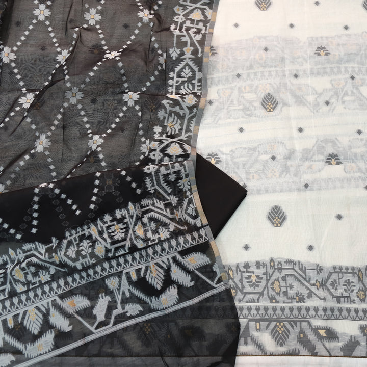 Surya White with Black Authentic Jamdani Weaved Detailing Suit Set