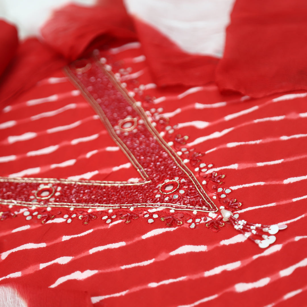 Sunheri Apple Red V Embellished Neck Leheriya Print Cotton Set