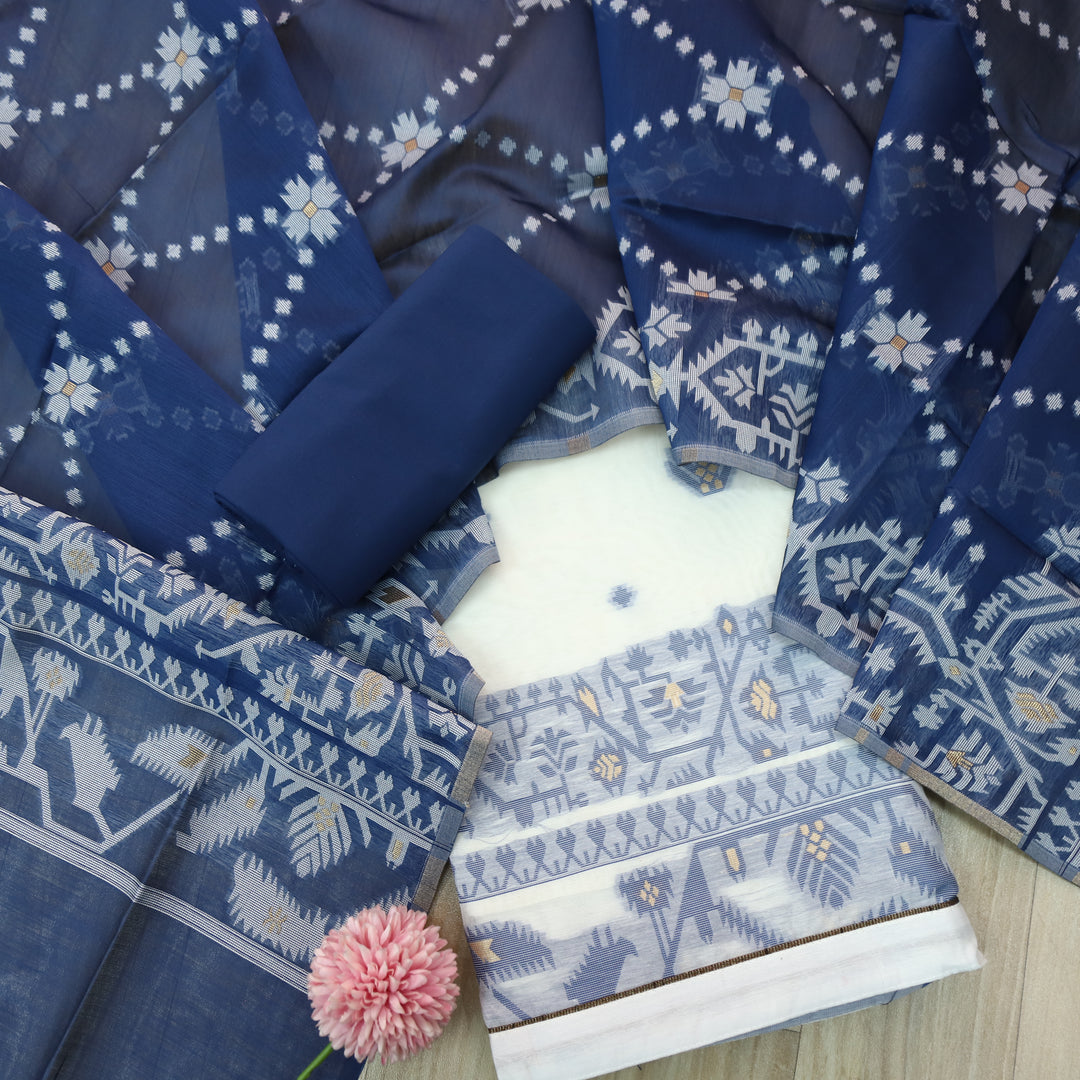 Surya White with Blue Authentic Jamdani Weaved Detailing Suit Set