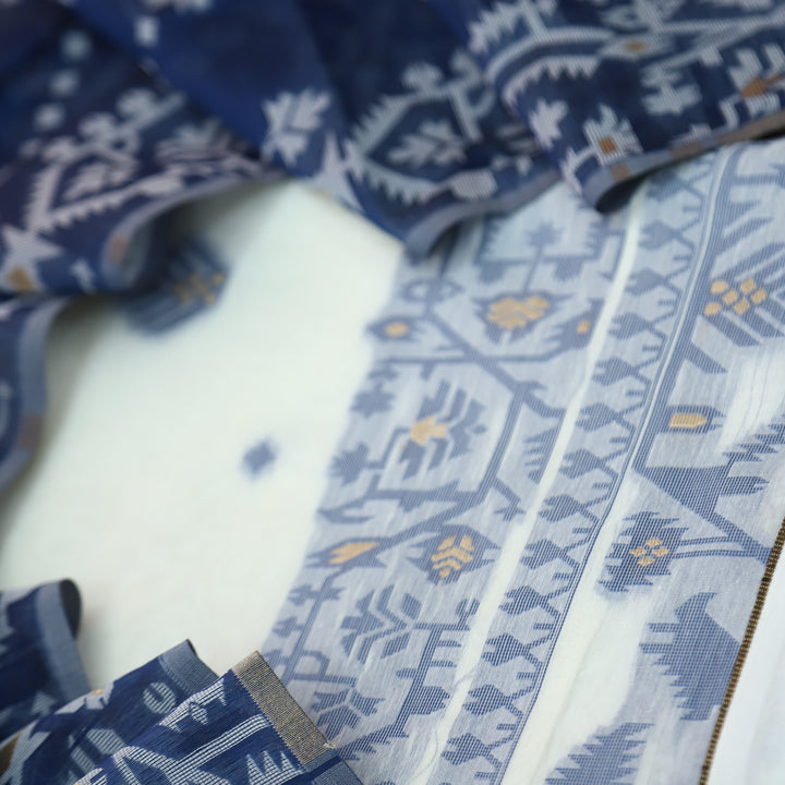 Surya White with Blue Authentic Jamdani Weaved Detailing Suit Set