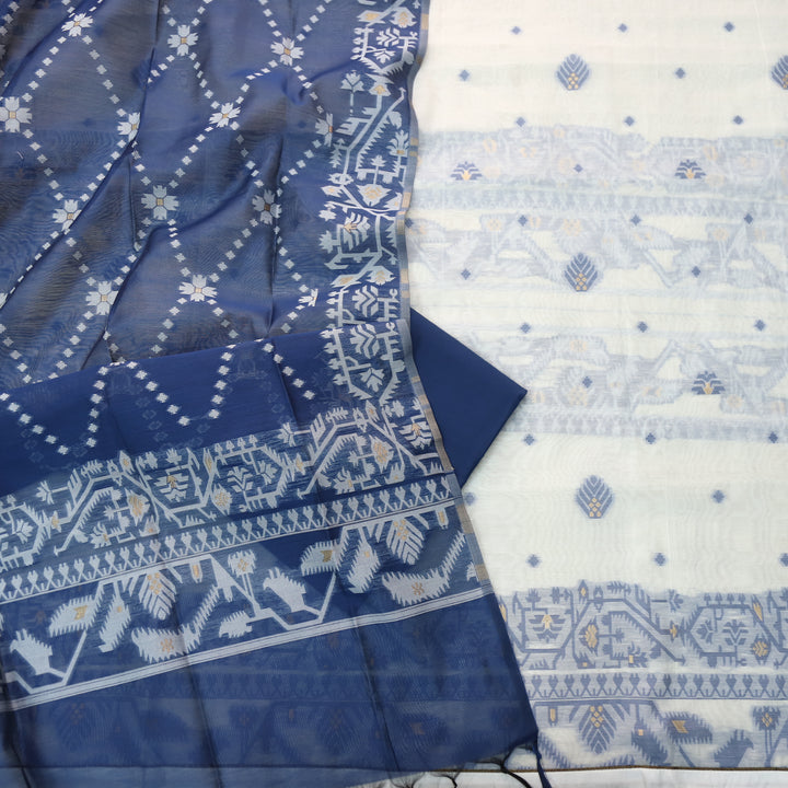 Surya White with Blue Authentic Jamdani Weaved Detailing Suit Set