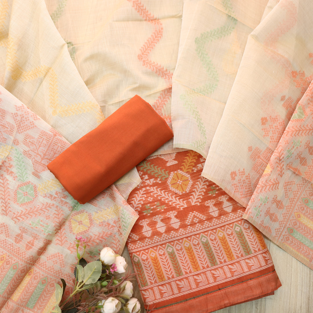 Surya Tangy Orange Authentic Jamdani Weaved with Zari Detailing Suit Set