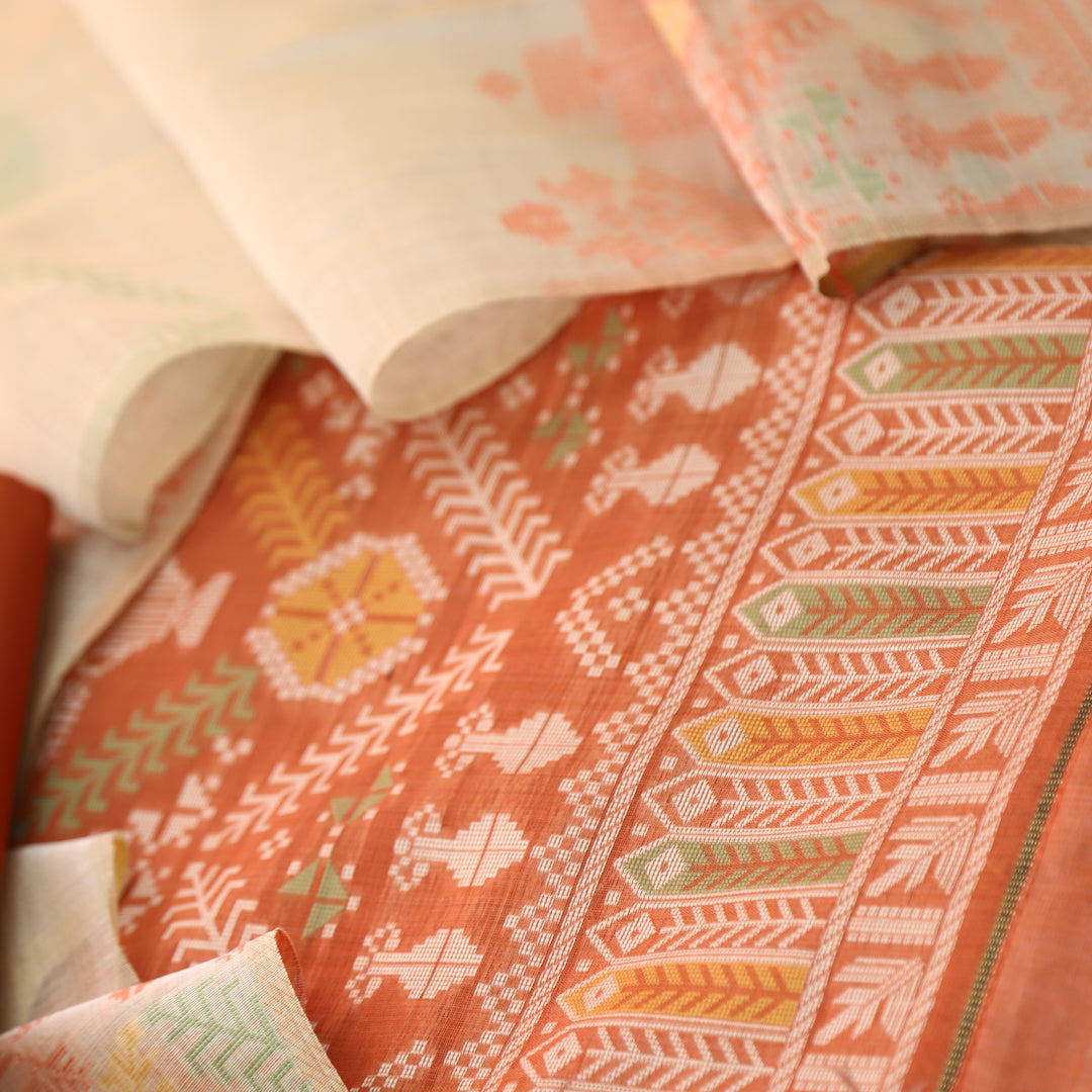 Surya Tangy Orange Authentic Jamdani Weaved with Zari Detailing Suit Set