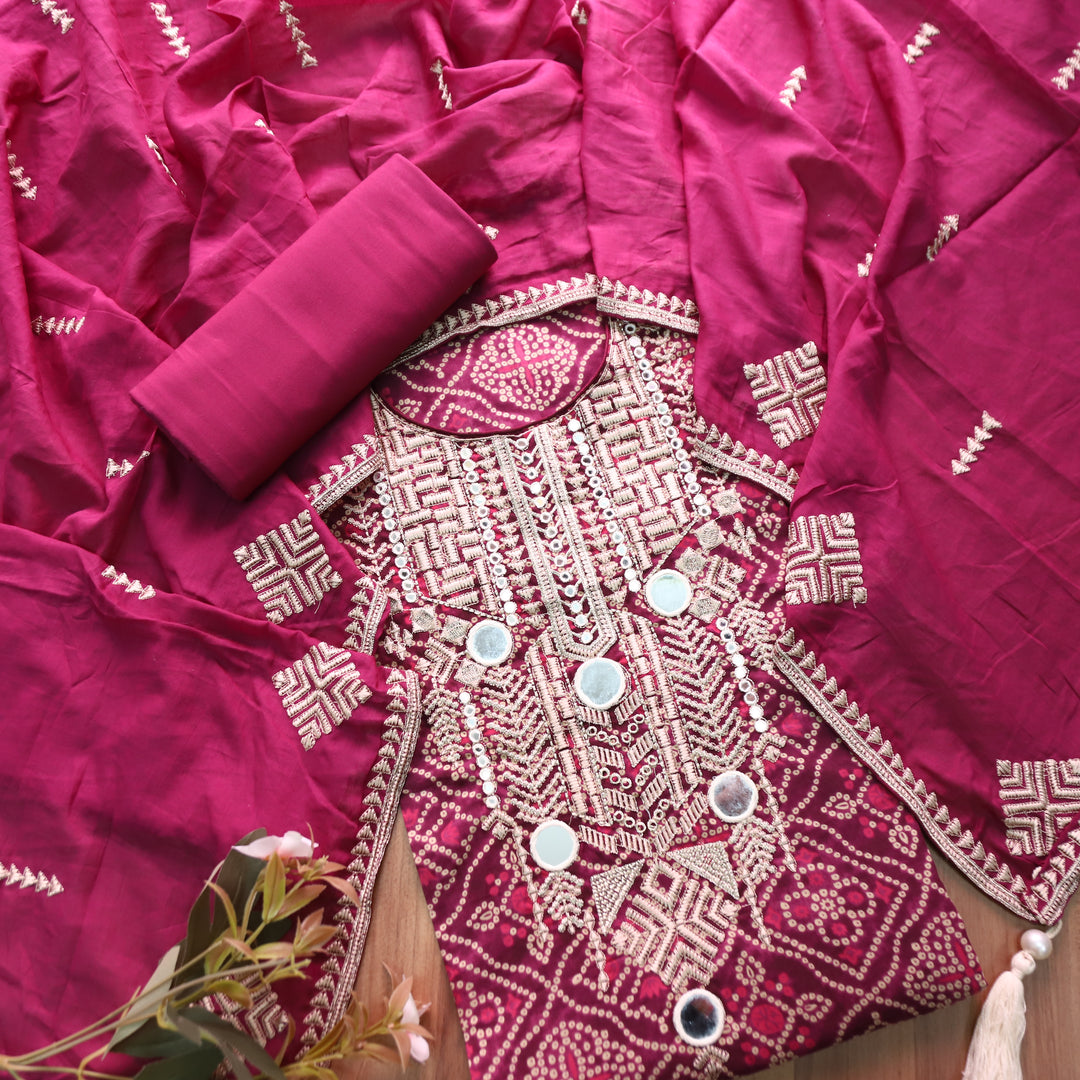 Nandini Jamuni Purple Mirror Embellished Neck Work Bnadhani Print Cotton Set