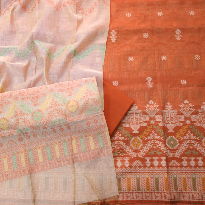 Surya Tangy Orange Authentic Jamdani Weaved with Zari Detailing Suit Set