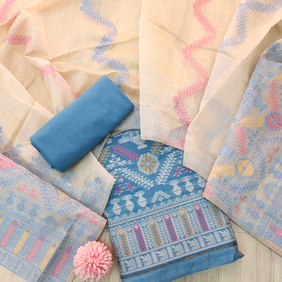 Surya Sapphire Blue Authentic Jamdani Weaved with Zari Detailing Suit Set