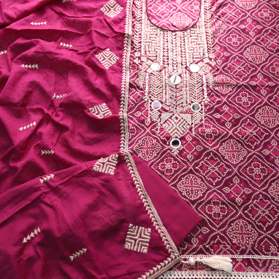 Nandini Jamuni Purple Mirror Embellished Neck Work Bnadhani Print Cotton Set