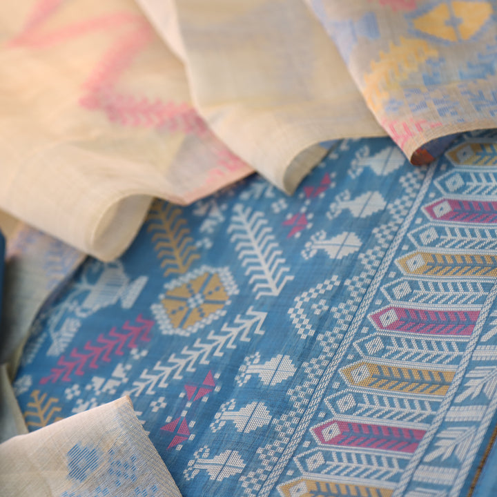 Surya Sapphire Blue Authentic Jamdani Weaved with Zari Detailing Suit Set
