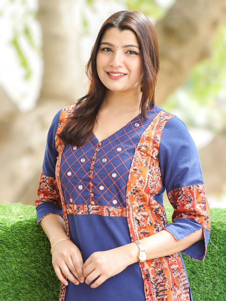 Jennie Royal Blue Panel Style Cotton Kurti