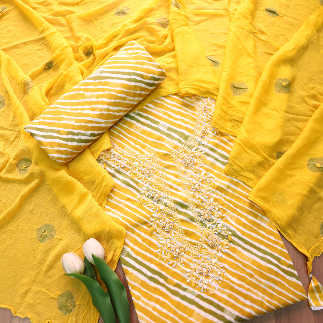 Leher Sunflower Yellow Embellished Neck Work Leheriya Cotton Set