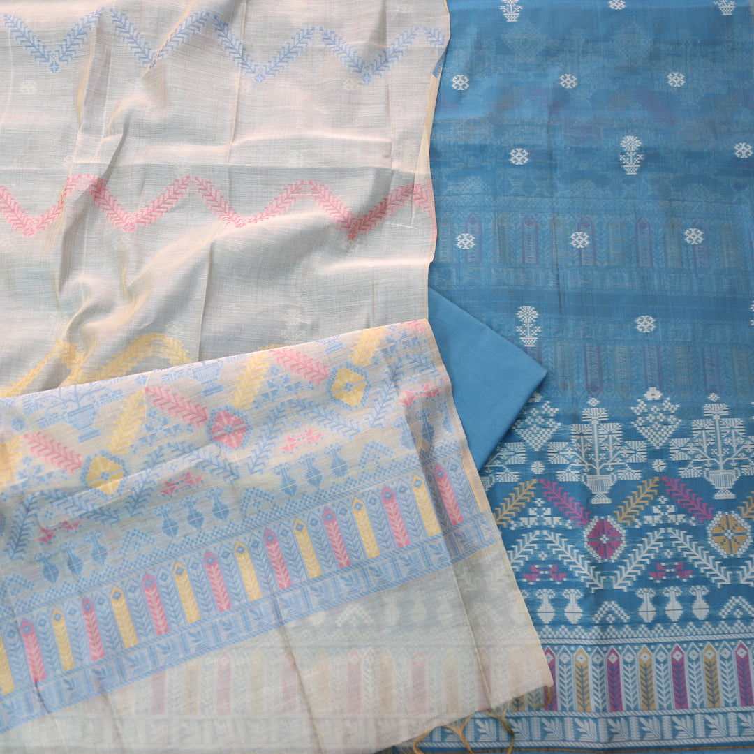 Surya Sapphire Blue Authentic Jamdani Weaved with Zari Detailing Suit Set