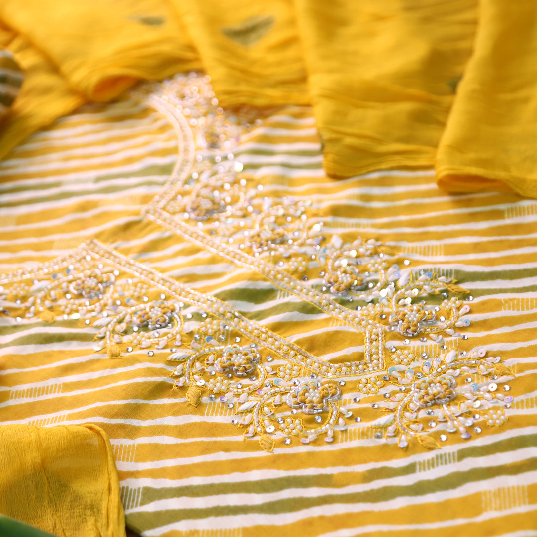 Leher Sunflower Yellow Embellished Neck Work Leheriya Cotton Set