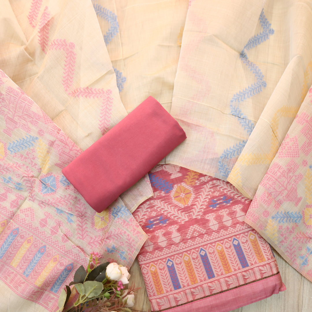 Surya Rouge Pink Authentic Jamdani Weaved with Zari Detailing Suit Set
